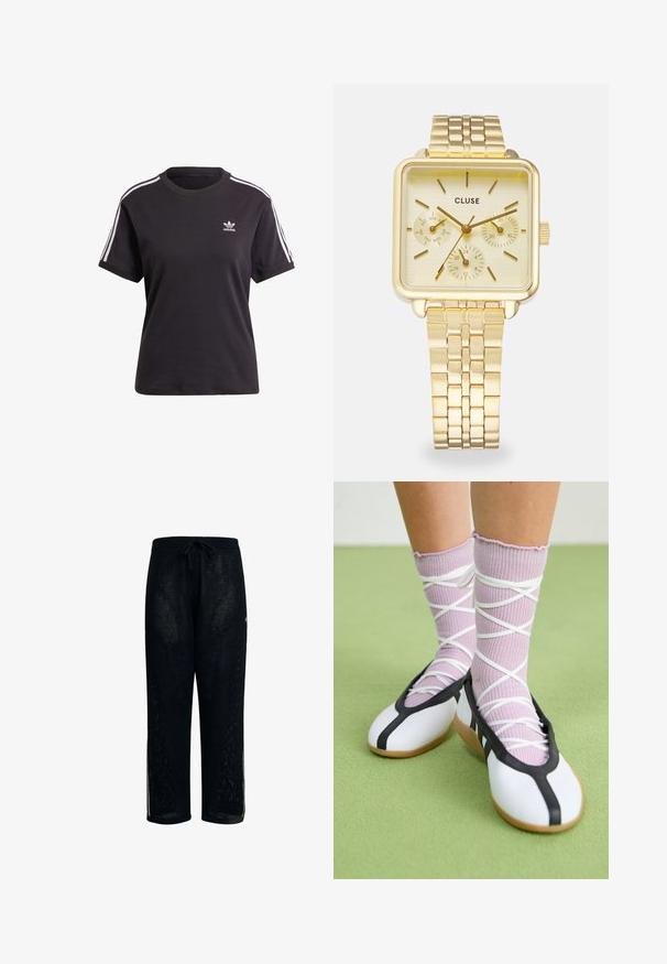 Sort bomulds t-shirt med korte ærmer og rund hals, der har hvide striber på skuldrene og et lille hvidt Adidas-logo på brystet.; Sorte meshbukser med snoreliv, der har slidser i siderne og en løs pasform. Fremstillet af åndbart stof, egnet til afslappet brug.; Ben iført ribbet lilla sokker med hvide krydsede stropper kombineret med hvide balletsko med sort kant på grøn gulv.; Cluse LA TÉTRAGONE MULTIFUNCTION WATCH - Ure - gold-coloured