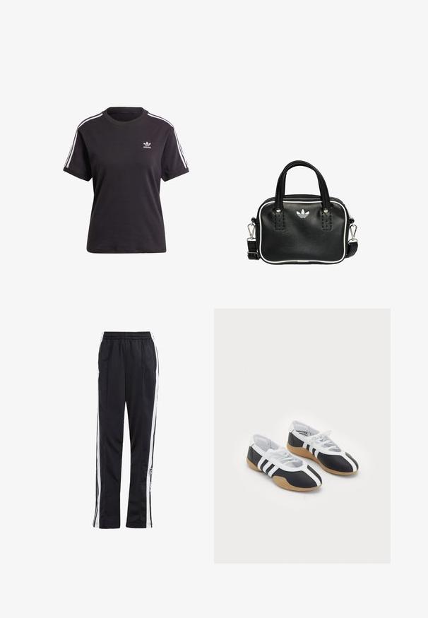Čierne bavlnené tričko s krátkym rukávom a okrúhlym výstrihom, s bielymi pruhmi na ramienkach a malým bielym logom Adidas na hrudi.; Čierne tepláky so bielymi bočnými pruhmi, elastickým pásom a logom. Vyrobené z hladkej, ľahkej tkaniny. Rovný strih.; Čierne a biele športové topánky s elegantným dizajnom, gumovou podrážkou, šnurovaním a tromi bielymi prúžkami na bokoch.; Čierna kožená kabelka s dvoma krátkymi držadlami, striebornými kovovými doplnkami, bielymi akcentmi a bielym logom. Vyznačuje sa textúrovaným povrchom a kompaktným dizajnom.