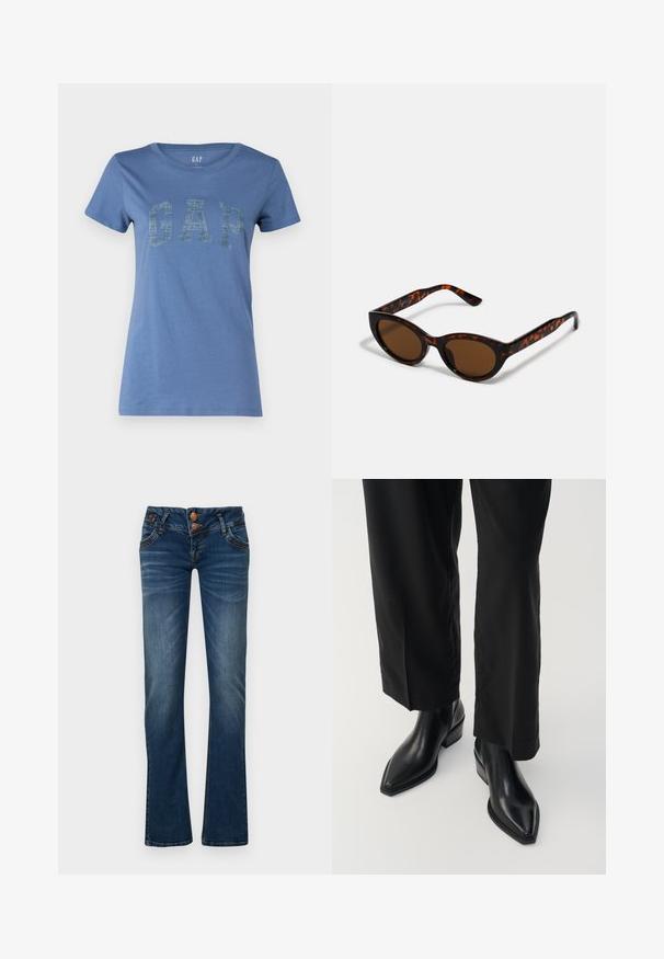 Blå bomulds T-shirt med rund halsudskæring og korte ærmer, prydet med et iøjnefaldende "GAP" logo i en struktureret design over fronten.; Mørkeblå bootcut jeans med to frontknapper, fem lommer og subtil falmning på lår og knæ.; Sorte læder ankelstøvler med spids tå, glat tekstur og firkantet hæl. Kombinationen med sorte, vide bukser skaber en slank silhuet.; Brune skildpadde solbriller med en vintage katteøje-form og brune linser. Har buede arme med røde detaljer.