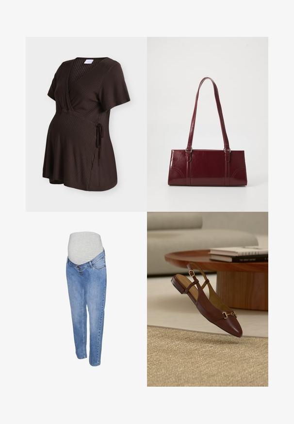 Top premamá de canalé marrón oscuro de manga corta, con cuello en V, diseño cruzado y detalle de lazo lateral.; Jeans de maternidad con una tela de mezclilla azul claro, diseño de pierna recta y una banda elástica gris en la barriga para mayor comodidad.; Zapato plano slingback de cuero marrón con detalle de hebilla dorada, colocado sobre una alfombra beige texturizada cerca de una mesa redonda de madera con libros apilados.; Bolso burdeos hecho de material brillante, de forma rectangular, con dos asas para el hombro y sutiles acentos curvados en la parte frontal.
