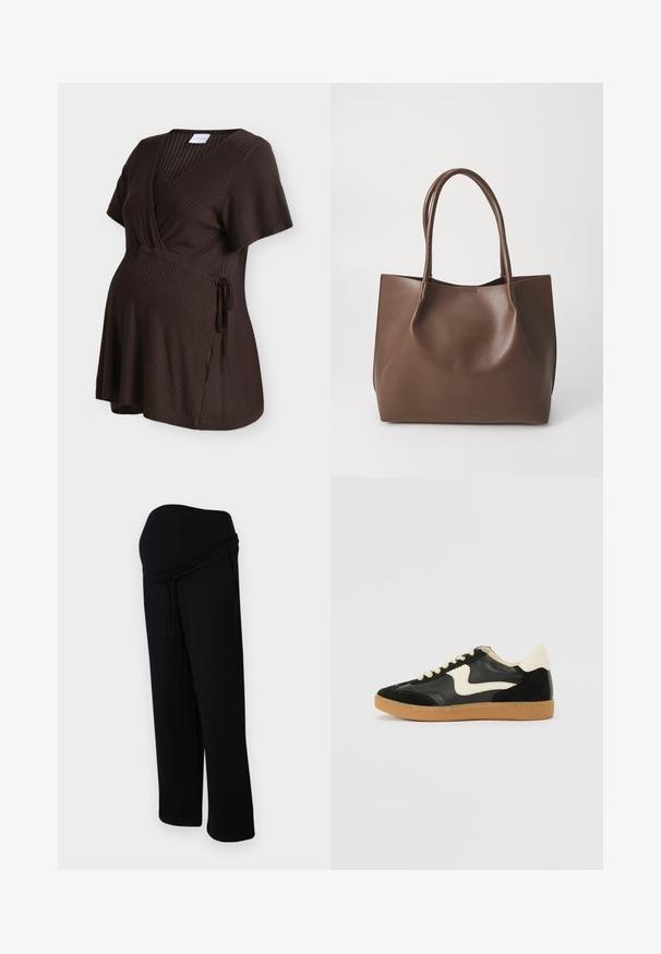 Haut de maternité marron foncé côtelé à manches courtes, col en V, design cache-cœur et détail de nouage sur le côté.; Pantalon de survêtement de maternité noir avec un cordon de serrage ajustable et un panneau de ventre extensible et de maintien.; Baskets en daim et cuir noir avec un swoosh latéral crème et un talon crème clair. Dotées de lacets beige et d'une semelle en caoutchouc gomme.; Sac en cuir marron avec deux longues poignées, forme structurée, texture lisse et design minimaliste. Aucun matériel ni accent visible.
