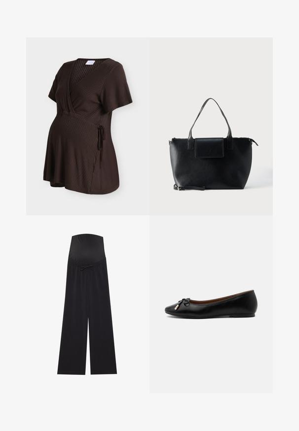 Haut de maternité marron foncé côtelé à manches courtes, col en V, design cache-cœur et détail de nouage sur le côté.; Pantalons de maternité noirs avec une ceinture large et extensible, ornée d'un nœud. Fabriqués en tissu doux, ils présentent une coupe ample et des jambes larges.; Ballerine plate en cuir noir avec un bout arrondi, un petit nœud aux extrémités dorées et un talon plat et bas sur fond gris.; Sac cabas en cuir noir avec deux poignées, une bandoulière amovible, une fermeture à rabat magnétique et une texture lisse. Fermeture supérieure zippée et surpiqûres décoratives.