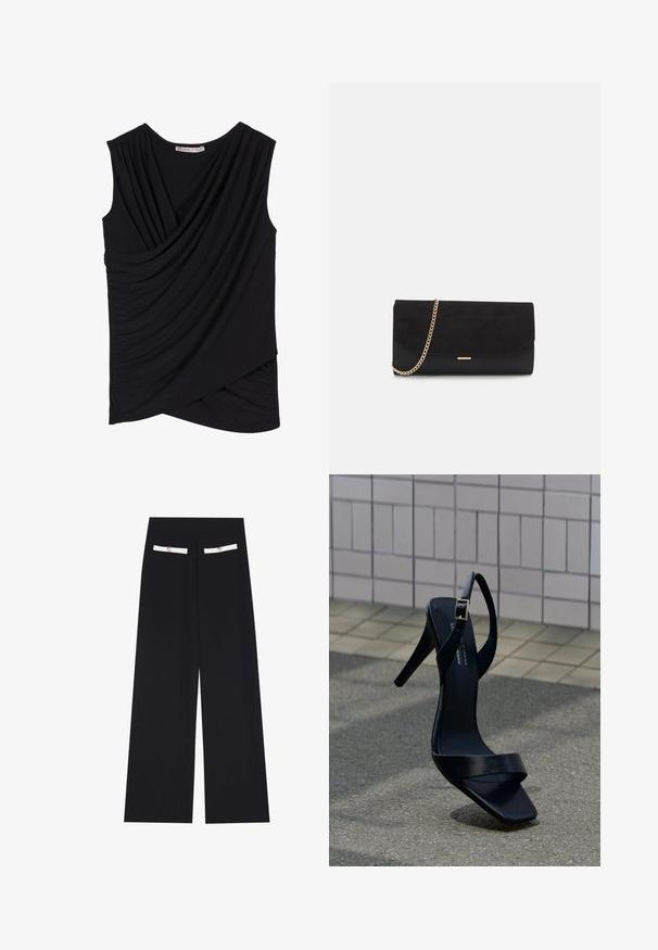 Top negro sin mangas con frente drapeado, con textura recogida en los lados y un dobladillo ligeramente asimétrico. Material de tela suave.; Pantalones de pierna ancha negros hechos de una tela suave, con dos bolsillos en la parte frontal adornados con blanco y botones decorativos.; Sandalia negra de tacón alto con correa en el tobillo y punta cuadrada, situada sobre el pavimento frente a una pared con azulejos.; Bolso de mano negro hecho de ante con un acabado texturizado, que presenta una cadena dorada y un diseño elegante y angular.