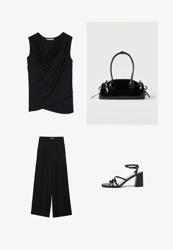 Un haut noir sans manches avec un devant drapé, présentant une texture froncée sur les côtés et un ourlet légèrement asymétrique. Matière en tissu doux.; Pantalons larges noirs en tissu texturé, avec une taille élastique et une ceinture à nouer amovible à la taille pour un ajustement variable.; Sandales à talons noirs avec plusieurs fines lanières, bout carré et talon bloc, dotées d'une sangle ajustable à la cheville. Texture en cuir lisse.; Petit sac à main noir brillant avec deux longues anses et des détails à cordon sur les côtés sur un fond clair uni.