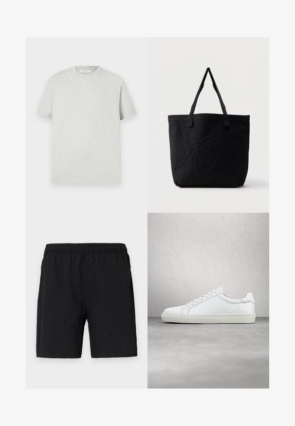 Camiseta de manga corta gris claro hecha de material suave, con cuello redondo y un corte relajado, sin patrones ni acentos visibles.; Bañador negro hecho de tejido texturizado, con cintura elástica y bolsillos laterales, y un diseño holgado.; Zapatilla blanca con parte superior de cuero liso y perfil bajo. Presenta una puntera redondeada, seis ojales y una suela de goma texturizada.; Bolsa tote de lona negra con dos correas para el hombro y un diseño circular en relieve sutil en el frente.