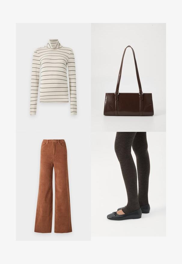 Beige turtleneck sweater med sorte vandrette striber. Lavet af blødt stof, med lange ærmer og en tætsiddende pasform.; Bredane corduroy bukser i en dyb brun farve, med lodrette ribber, frontlommer og knaplukning i taljen.; Ben iført mørke ribbede leggings kombineret med sorte balletsko med små sløjfedetaljer på hvid baggrund.; Brun lakeret håndtaske med rektangulær form, to lange håndtag og subtile buede detaljer på fronten.