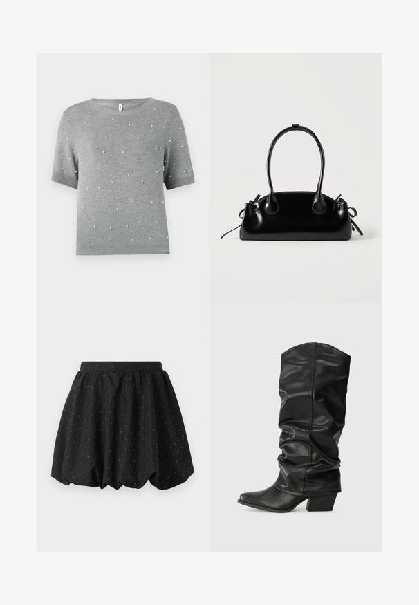Pull gris à manches courtes avec col rond et accents blancs en forme de perles parsemés. Texture tricotée douce avec ourlets et manches côtelés.; Jupe bulle noire avec une taille élastique et un motif de pois blancs. Fabriquée en tissu léger, elle présente un design volumineux et un ourlet arrondi.; Bottes noires en cuir, montantes jusqu'au genou, avec un design plissé, un bout pointu et un talon épais, présentant une texture lisse et des coutures minimales.; Petit sac à main noir brillant avec deux longues anses et des détails à cordon sur les côtés sur un fond clair uni.