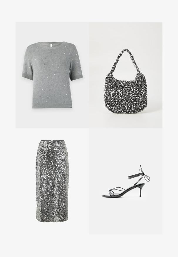 Grå kortærmet sweater med rund hals og spredte hvide perle-lignende accenter. Blød strikstruktur med ribkant ved nederste kant og ærmer.; Sølvglitrende paillet blyantskørt med tætsiddende design, knælængde og glat tekstur. Har en skjult lynlås bagpå.; Sort højhælet sandal med tynde stropper omkring anklen og en mellemhøj stilethælt på en hvid baggrund.; Vævet håndtaske i sort og hvid med en rund form, tekstureret overflade og et fletet håndtag. Velegnet til afslappet brug.