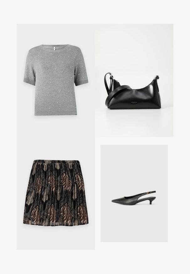 Grå kortærmet sweater med rund hals og spredte hvide perle-lignende accenter. Blød strikstruktur med ribkant ved nederste kant og ærmer.; Sort nederdel med en samlet talje, prydet med et brunt og beige abstrakt mønster, akkompagneret af metalliske linjer og teksturer.; Sorte spidse slingback-sko lavet af glat læder. Har en tynd hæl og en spænde detalje på den justerbare rem.; Sort læderhåndtaske med en glat tekstur. Har en justerbar stropp og et enkelt, minimalistisk design med lynlås.