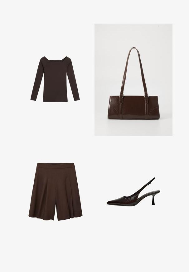Mørkebrun langærmet top med bred firkantet halsudskæring og tætsiddende pasform, lagt fladt på en hvid baggrund.; Brune plisede shorts med høj talje. Stoffet ser glat og let ud og har dybe, rene folder for en blød silhuet.; Sort læder slingback hæl med spids tå, buet kitten-hæl og justerbar spænde-rem.; Brun lakeret håndtaske med rektangulær form, to lange håndtag og subtile buede detaljer på fronten.