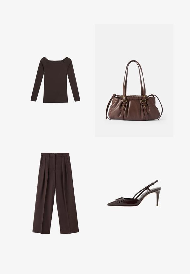 Haut marron foncé à manches longues avec un large décolleté carré et une coupe ajustée, posé à plat sur un fond blanc.; Pantalons larges bruns en tissu texturé, avec des plis à l'avant, des poches latérales et un design de taille classique.; Escarpins slingback noirs en cuir verni à bout pointu avec une boucle décorative et des fines brides de cheville.; Sac à main en cuir brun avec deux longues poignées, design froncé, accents en métal doré et finition texturée.