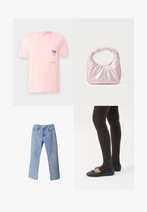 Lichtroze T-shirt met korte mouw en een klein borstzakje met drie geborduurde bloemen en de tekst "In mijn gelukkige tuin."; Lichtblauwe denim jeans met een rechte pijpdesign, vijf zakkenstijl en een taillebandlabel. Heeft vervaagde gebieden voor textuur.; Benen met donkere geribbelde leggings gecombineerd met zwarte ballerina's met kleine strikdetails op een witte achtergrond.; Roze, gevoerde handtas met een afgeronde vorm, gemaakt van glanzend materiaal. Beschikt over een geplooide handgreep en een ritssluiting voor veilige toegang.