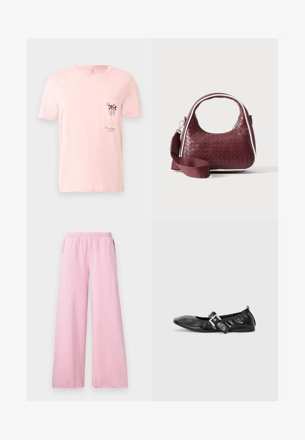 Lichtroze T-shirt met korte mouw en een klein borstzakje met drie geborduurde bloemen en de tekst "In mijn gelukkige tuin."; Roze wijde broek gemaakt van zachte stof met een elastische tailleband en zijzakken. Heeft een recht, vloeiend model.; Zwarte leren platte schoen met een spitse neus, geplooide details rond de opening en een zilveren gespaccentueerde verstelbare band.; Donkerrode geweven leren handtas met gebogen handvat, witte bies, zilveren rits en afneembare brede stoffen schouderriem tegen een effen achtergrond.