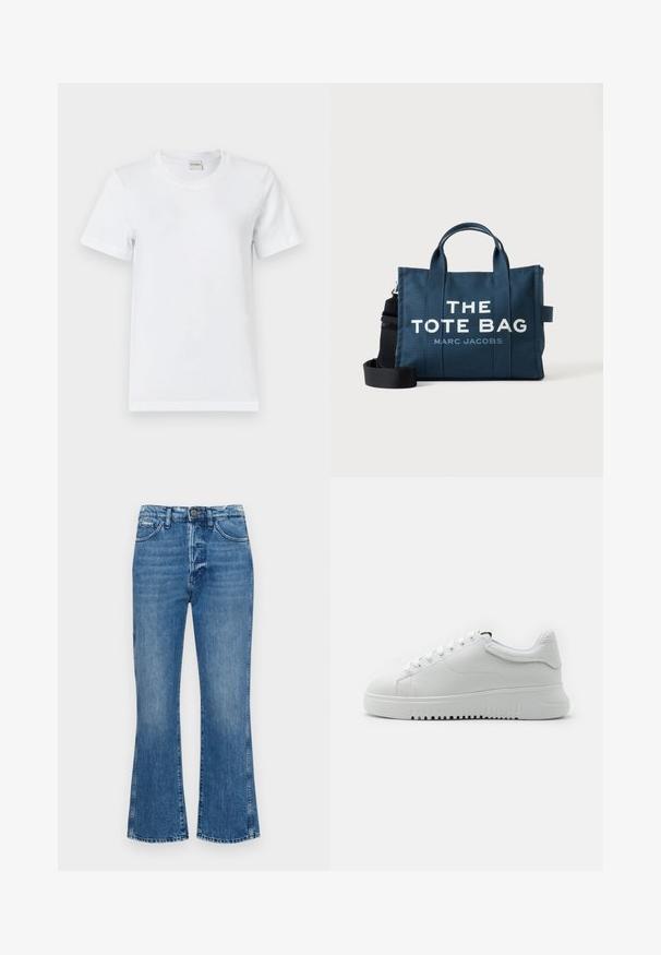 T-shirt en coton blanc avec un col rond, des manches courtes, un ourlet droit et une texture lisse. Sans motifs ni accessoires supplémentaires.; Jean évasé bleu en denim, avec une taille mi-haute, une fermeture éclair, et des coutures contrastées, au délavage clair et à l'effritement subtil.; Baskets blanches avec une tige en cuir texturé, bout rond et lacets. Semelle en caoutchouc blanc épaisse avec un motif de traction texturé.; Sac tote rectangulaire bleu avec double poignée et une bandoulière noire, imprimé avec "THE TOTE BAG MARC JACOBS" en texte blanc et gris.