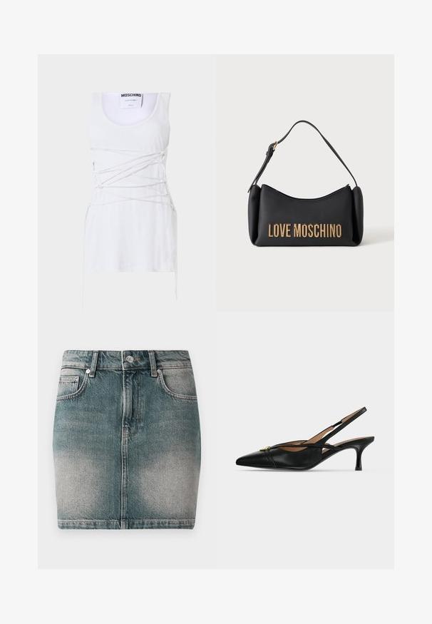 Top sin mangas blanco con detalles de encaje cruzado, con escote redondo y dobladillo recto. Marca: Moschino Couture.; Falda mini de mezclilla azul con botón y cremallera en el frente, dos bolsillos frontales y detalles desgastados en los muslos.; Zapato slingback de cuero negro con punta puntiaguda, tacón bajo tipo kitten y detalle de hebilla dorada en el frente.; Bolso Moschino negro con letras doradas y correa corta para el hombro sobre fondo blanco.