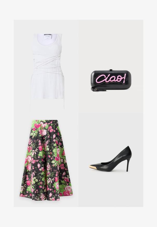 Hvid ribbet tanktop med krydsende snøring, der har en rund hals og en lige kant. Mærke: Moschino Couture.; Blomstret nederdel med sort baggrund, der har store lyserøde roser og grønne blade, lavet af letvægtsstof, med en udvidet form, knælængde.; Sort læder stiletter med spids tå; har et metalisk guldakcent på tåkapperne. Glat overflade med et strømlinet design.; Sort rektangulær clutch med pink neonstil "Ciao!" bogstaver og en lille sort håndledsrem på en hvid baggrund.