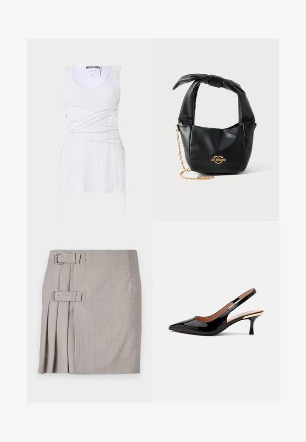 Top sin mangas blanco con detalles de encaje cruzado, con escote redondo y dobladillo recto. Marca: Moschino Couture.; Falda gris con tela texturizada, pliegues laterales y dos hebillas para un ajuste ajustable. Forma clásica recta, diseño a la altura de la rodilla.; Zapato de salón slingback de charol negro con punta afilada y tacón bajo tipo kitten sobre un fondo blanco liso.; Bolso Love Moschino de piel negra suave con asa anudada y correa de cadena dorada sobre fondo blanco.