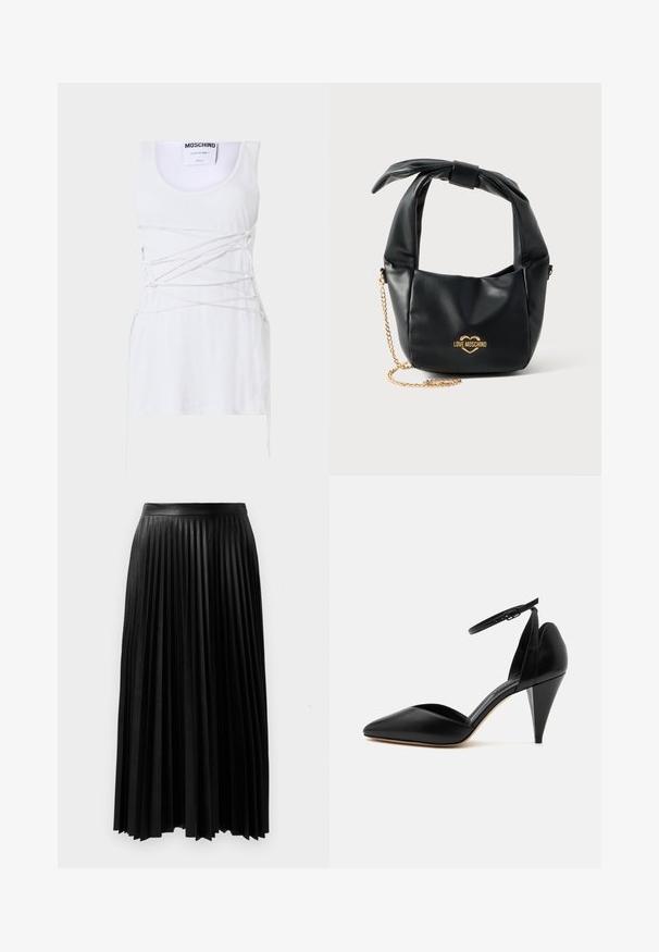 Valge soonikuline tank top, millel on ristatud paeltega detailid, ümmargune kaelus ja sirge alläär. Bränd: Moschino Couture.; Mustmustrikk mustrikk, mis on valmistatud tekstuurist materjalist, millel on kokku pandud vöökoht ja pikad, voolavad pleedid, ulatudes keskmise sääreni.; Mustast nahast terava ninaga kõrge kontsaga king, millel on pahkluurihm ja koonusekujuline konts, valgel taustal.; Mustast pehmest nahast Love Moschino käekott sõlmitud sangaga ja kuldse kettidega rihmaga valgel taustal.