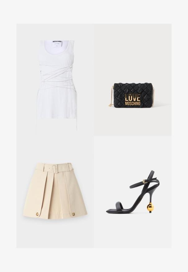 Débardeur blanc à côtes avec des détails en dentelle croisées, présentant un col rond et un ourlet straight. Marque : Moschino Couture.; Jupe plissée beige avec une taille ajustée, de larges passants de ceinture et des accents de boutons au bas. Fabriquée en tissu léger et lisse.; Sandale noire à talon haut avec une fine bride cheville et un détail unique de talon sphérique doré, présentant un design à bout carré.; Sac bandoulière matelassé noir avec bandoulière chaîne dorée et grand logo doré "LOVE MOSCHINO" sur le devant.