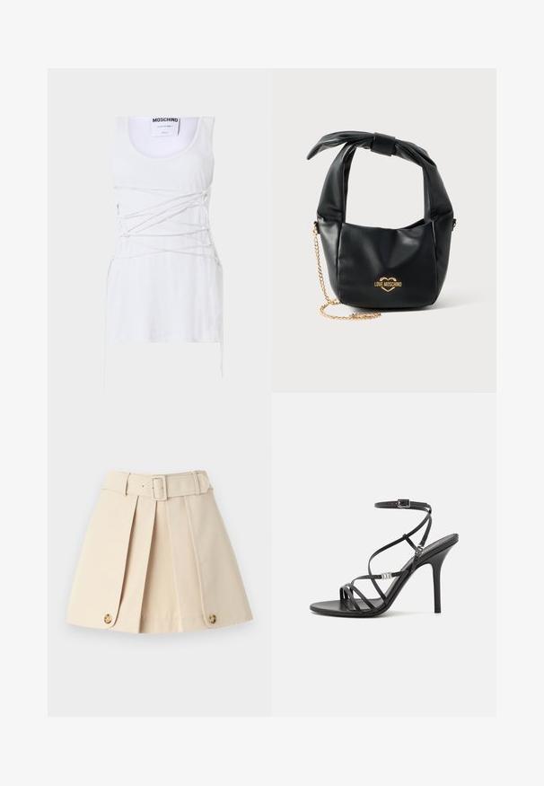 Débardeur blanc à côtes avec des détails en dentelle croisées, présentant un col rond et un ourlet straight. Marque : Moschino Couture.; Jupe plissée beige avec une taille ajustée, de larges passants de ceinture et des accents de boutons au bas. Fabriquée en tissu léger et lisse.; Sandale noire à talons hauts avec des brides fines, une boucle à la cheville, une surface en cuir lisse et un talon aiguille élancé.; Sac à main Love Moschino en cuir noir souple avec poignée nouée et bandoulière chaîne dorée sur fond blanc.