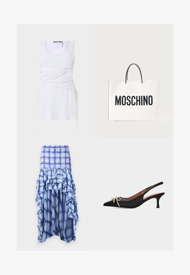 Valge soonikuline tank top, millel on ristatud paeltega detailid, ümmargune kaelus ja sirge alläär. Bränd: Moschino Couture.; Sinine ruuduline seelik kihiliste volangidega, millel on erinevad sinise tooni varjundid ning sinise ja valge ruuduline muster. Kerged kangas, pahklubi pikkune disain.; Mustast nahast slingback madal kontsiga king, millel on terav nina ja beež vibu detail valgel taustal.; Valge ristkülikukujuline käekott mustade sangadega ja suur must "MOSCHINO" tekst ees ühevärvilise taustaga.