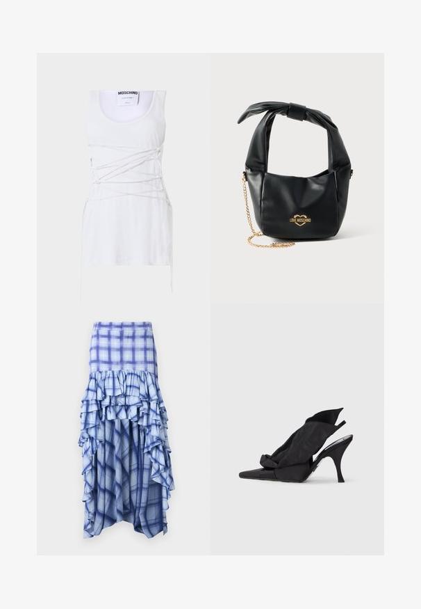 Valge soonikuline tank top, millel on ristatud paeltega detailid, ümmargune kaelus ja sirge alläär. Bränd: Moschino Couture.; Sinine ruuduline seelik kihiliste volangidega, millel on erinevad sinise tooni varjundid ning sinise ja valge ruuduline muster. Kerged kangas, pahklubi pikkune disain.; Mustad kõrge kontsaga slingback-kingad terava varbaosaga, millel on pisarjas tekstiilist pealiskate ja eesosas asuv lipsukaunistus.; Mustast pehmest nahast Love Moschino käekott sõlmitud sangaga ja kuldse kettidega rihmaga valgel taustal.