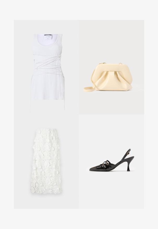 Débardeur blanc à côtes avec des détails en dentelle croisées, présentant un col rond et un ourlet straight. Marque : Moschino Couture.; Jupe blanche longue jusqu'à la cheville en dentelle florale complexe avec un ourlet festonné. Taille élastique pour un ajustement décontracté. Motif texturé et délicat.; ALOHAS JOELLE ONIX - Escarpins - black; Pochette en cuir souple beige avec cadre structuré et détail plissé à l'avant, équipée d'une fine bandoulière pour poignet et d'une fermeture éclair dorée.