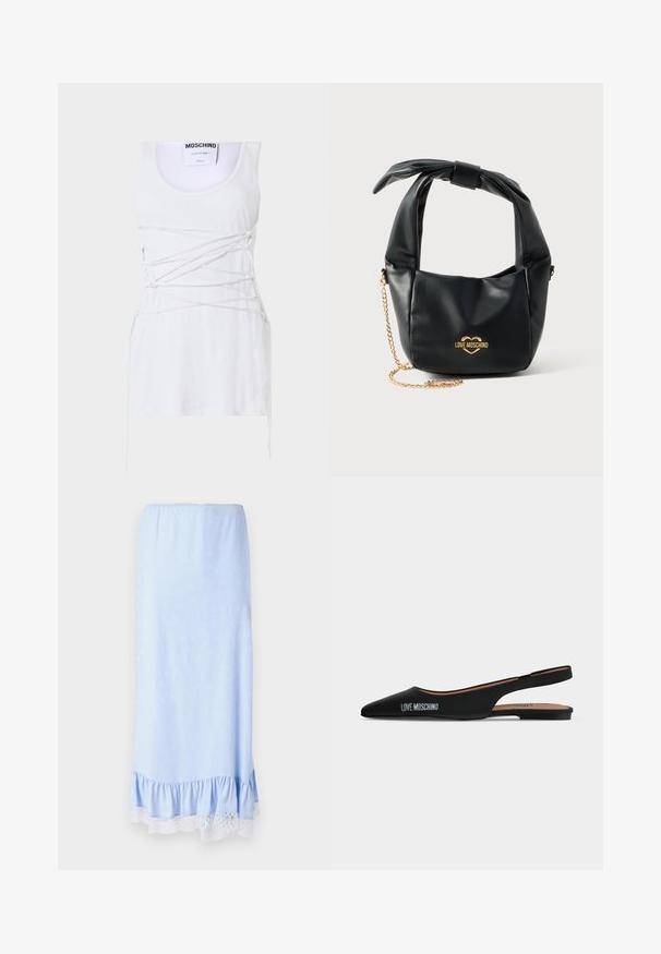 Top sin mangas blanco con detalles de encaje cruzado, con escote redondo y dobladillo recto. Marca: Moschino Couture.; Falda de satén azul claro con un dobladillo con volantes, que presenta un cinturón de encaje blanco y sutiles patrones florales en toda la tela. Cintura elástica.; Zapato plano slingback negro punteado con tacón bajo y logo "LOVE MOSCHINO" en el lateral sobre un fondo claro liso.; Bolso Love Moschino de piel negra suave con asa anudada y correa de cadena dorada sobre fondo blanco.