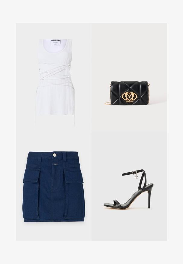 Witte geribde tanktop met kruislingse vetersluiting, met een ronde halslijn en een rechte zoom. Merk: Moschino Couture.; Donkerblauwe spijkerrok met twee grote vo pockets, een metalen knoopsluiting en een rechte snit. Licht gestructureerde stof.; Zwarte sandaal met hoge hak, smalle enkelband, vierkante neus, soepel leermateriaal en metalen gespsluiting.; Zwarte doorgestikte leren handtas met gouden kettingriem en gouden Love Moschino-logo aan de voorkant in het midden.