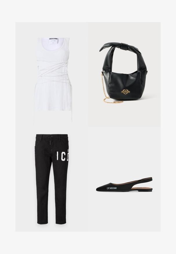 Weißes geripptes Tanktop mit gekreuzten Schnürdetails, runder Ausschnitt und geradem Saum. Marke: Moschino Couture.; Schwarze Denim-Jeans mit schmaler Passform. Merkmale sind weißer Grafiktext auf der Vorderseite, fünf Taschen und ein Knopfverschlus. Glatte Textur.; Schwarzer spitzer Slingback-Flachschuh mit niedrigem Absatz und "LOVE MOSCHINO"-Logo an der Seite vor schlichtem hellem Hintergrund.; Schwarze weiche Lederhandtasche von Love Moschino mit geknotetem Griff und goldenem Kettenriemen auf weißem Hintergrund.