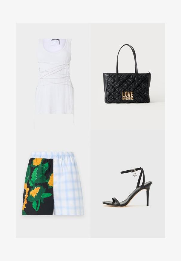 Débardeur blanc à côtes avec des détails en dentelle croisées, présentant un col rond et un ourlet straight. Marque : Moschino Couture.; Shorts à taille élastique avec design fendu : un côté noir avec de grandes tournesols jaunes et des feuilles vertes, l'autre côté à carreaux bleu clair et blanc.; Sandale à talon haut noire avec une bride étroite à la cheville, bout carré, cuir lisse et accent de boucle métallique.; Sac à main noir matelassé avec deux poignées et logo doré "LOVE MOSCHINO" à l'avant, sur un fond clair uni.