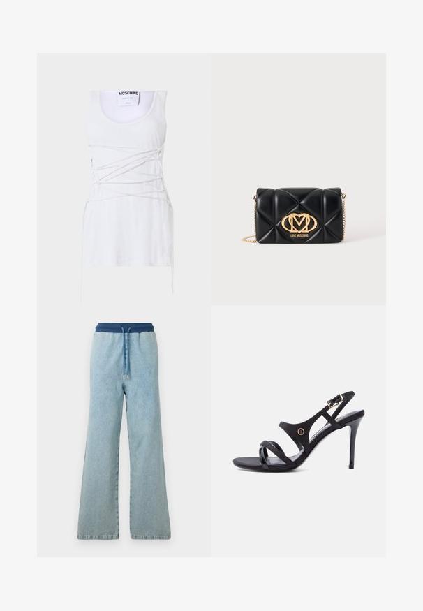Valge soonikuline tank top, millel on ristatud paeltega detailid, ümmargune kaelus ja sirge alläär. Bränd: Moschino Couture.; Heledad sinised laiad teksapüksid, millel on tumedast sinisest elastne vöökoht ja sobiv pael, millel on metallist otsikud.; Mustad kõrge kontsaga sandaal õhukeste rihmade, pahkluu pandla ja peene kontsaga valgel taustal.; Mustast tikandiga nahast käekott kuldse kettaga ja kuldse Love Moschino logoga esiküljel keskel.