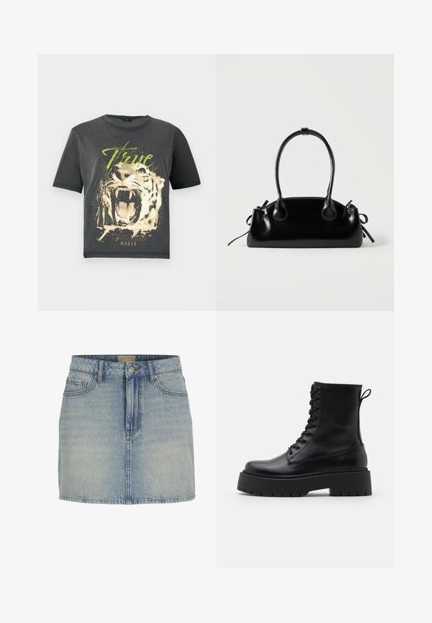 JDY JDYFAROCK ELINA - T-Shirt print - black; Hellblaues Jeans-Minikleid mit schmaler Taille, Frontknopfverschluss, fünf Taschen und einem dezenten Ausbleichen des Stoffes.; Schwarze Lederstiefeletten mit runder Zehenpartie, Schnürung vorne und einer dicken Gummisohle mit strukturiertem Profil. Mit Zugschlaufe an der Rückseite.; Kleine schwarze glänzende Handtasche mit zwei langen Griffen und seitlichen Kordelzug-Details vor einfachem hellem Hintergrund.