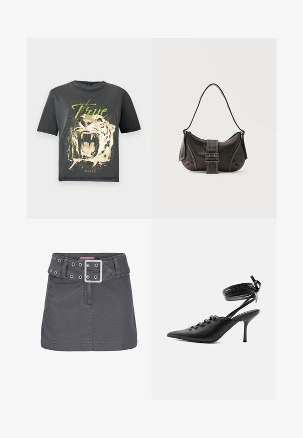 JDY JDYFAROCK ELINA - T-shirt print - black; Grijze katoenen mini-jurk met een brede riem met zilveren oogjes en een vierkante metalen gesp, ontworpen met een schone, rechte silhouet.; Zwarte pumps met spitse neus en hoge hak, met veters aan de voorkant en riempjes die rond de enkel wikkelen en zijn gestrikt in een strik, gezien vanaf de zijkant tegen een witte achtergrond.; Zwarte leren schoudertas met gespsluiting aan de riem, afgeronde hoeken en contrasterende witte stiksels op een effen achtergrond.