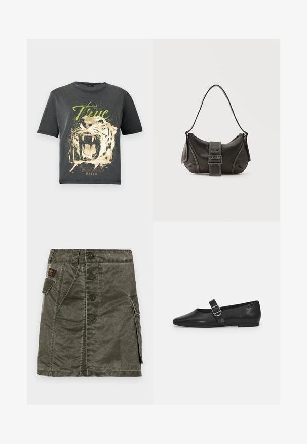 JDY JDYFAROCK ELINA - T-shirt print - black; Olijfgroene rok met knopen aan de voorkant, gemaakt van gestructureerde stof, met een zijzak en stikdetails. Regular fit, knielange ontwerp.; Zwarte leren platte schoen met een ronde neus, een enkele verstelbare gespsluiting en een gladde, glanzende textuur. Minimalistisch ontwerp met een lage hak.; Zwarte leren schoudertas met gespsluiting aan de riem, afgeronde hoeken en contrasterende witte stiksels op een effen achtergrond.