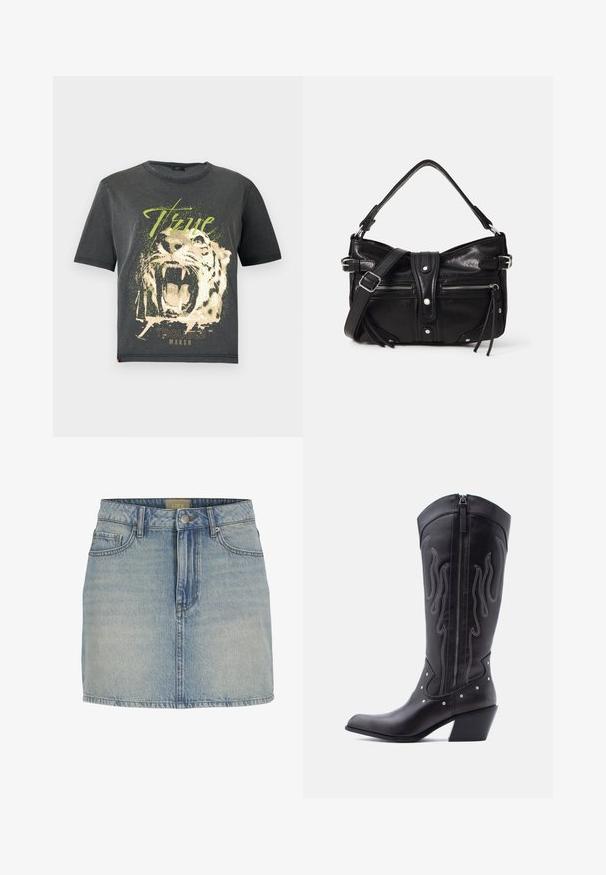 JDY JDYFAROCK ELINA - T-shirts print - black; Lyseblå denim mini nederdel med tætsiddende talje, frontlukning med knapper, fem lommer og diskret falmning langs stoffet.; Sorte cowboystøvler i læder med spids tå, synlige sømme, sølvfarvede nitte-detaljer og lynlås på den indvendige side.; Even&Odd by Zalando H24462 - Håndtasker - black