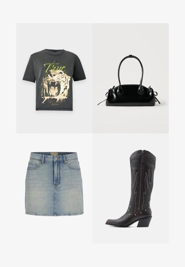 JDY JDYFAROCK ELINA - Trükipildiga T-särk - black; Heled sinine denimi mini seelik, kitsas talje, eest nööbiga sulgemine, viis taskut ja õrn pleekimine kangal.; Pruunid nahast kootsasaapad leegitikkimisega, küljes lukk, hõbedased naelad, terav nina ja paks konts.; Väike must läikiv käekott kahe pika sangaga ja külgedel paelakinnitustega, ühel lihtsal helel taustal.