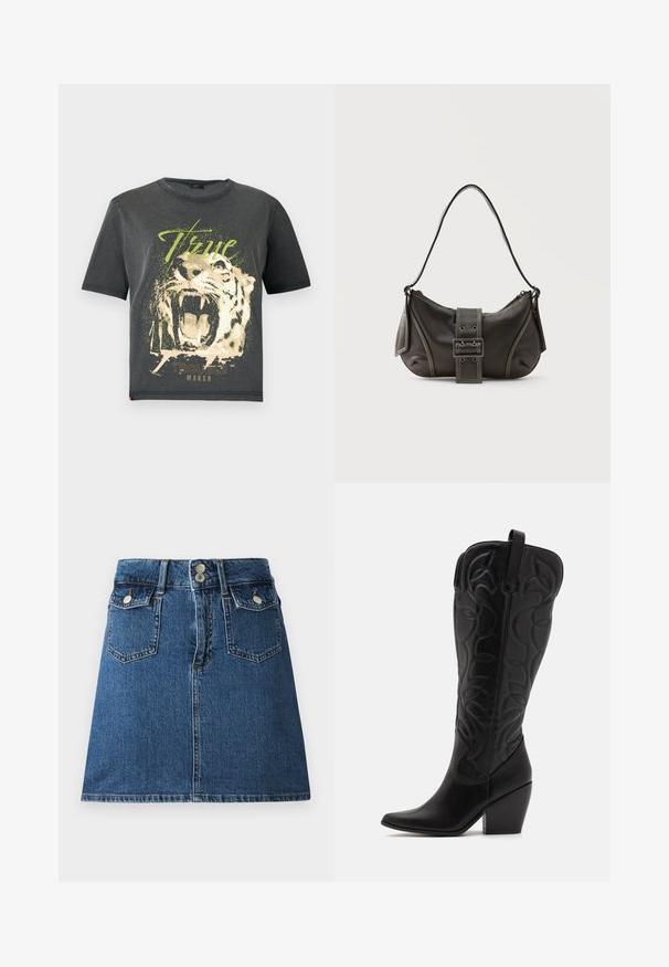 JDY JDYFAROCK ELINA - T-shirts print - black; Denim nederdel i dyb blå, med en tætsiddende talje, to forlommer, to baglommer og sølvfarvede knaplukninger.; Sorte knæhøje støvler i læder med spids snude og lagdelt hæl. Har dekorative syninger og buede designelementer.; Sort læder skuldertaske med spænde på remmen, afrundede kanter og kontrasterende hvide syninger på en ensfarvet baggrund.