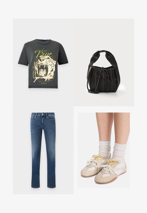JDY JDYFAROCK ELINA - Trükipildiga T-särk - black; Tumed sinine denim teksad sirge säärega, keskmise tõusuga vöökohaga, esipocketite ning klassikalise õmblusega. Omab metallist nupuvajutust ja lukku.; Beez ja valged tossud, millel on suede ja sileda nahaga tekstuur, ümmargune nina ja kollased paelad, kantud valgete ribakudumitega sokkidega.; Mustmust kott, millel on ümar ülemine osa, nööriga sulgemine ja kontrastne vetthülgav õmblus. Omab lühikesi, pehmeid kote ja dekoratiivseid helmeid.