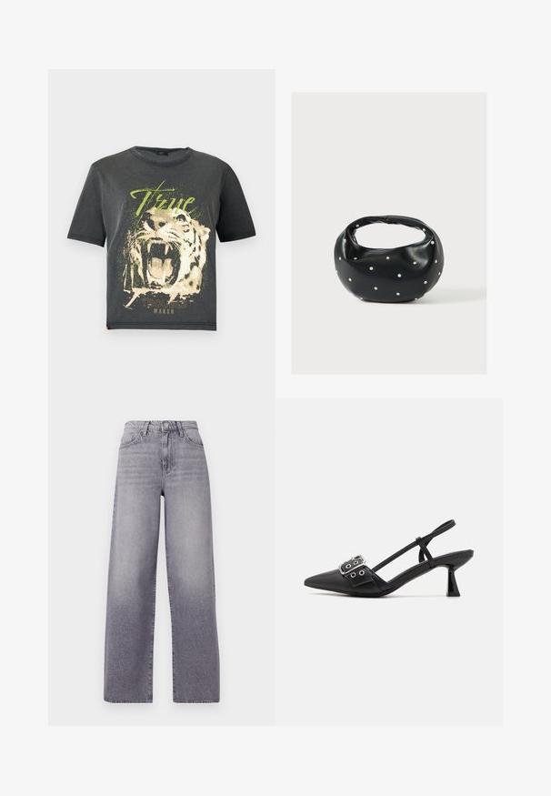JDY JDYFAROCK ELINA - T-Shirt print - black; Hochgeschnittene, weit geschnittene Jeans in hellgrauem Denim. Mit klassischem Fünf-Taschen-Design, dezenten Verwaschungen und einem metallischen Knopfverschluss.; Simmi London DALA - Pumps - black; Schwarze Lederhandtasche mit abgerundeter Form, verziert mit silbernen Nietenakzenten und kurzem Griff. Glatte Struktur und Reißverschlussverschluss.