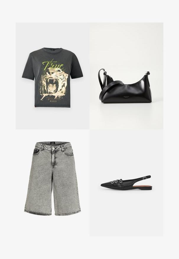 JDY JDYFAROCK ELINA - T-shirts print - black; Denimshorts i falmet sort med løs pasform, der har høj talje, fem-lomme design og synlige syninger.; Sort læderslyngeflad sko med spids tå, der har to vandrette stropper og firkantede sølvspænder, lav hæl og glat tekstur.; Sort læderhåndtaske med en glat tekstur. Har en justerbar stropp og et enkelt, minimalistisk design med lynlås.