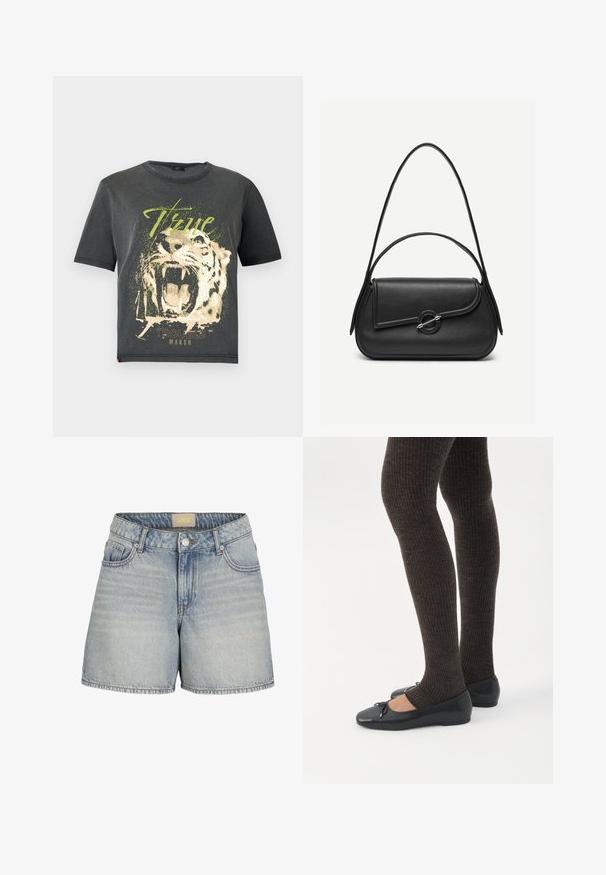 JDY JDYFAROCK ELINA - Printtipaita - black; Vaaleansiniset farkkushortsit, joissa on korkea vyötärö, napitus, viisi taskua ja hienovarainen haalistuminen, joka antaa tekstuuria.; Jalat, joissa tummat ribbineuleiset leggingsit yhdistettynä mustiin balettitossuihin, joissa on pienet rusettikoristeet valkoisella taustalla.; Musta nahkainen käsilaukku pyöristetyillä reunoilla, epäsymmetrisellä läppäosalla, metallisella pyöreällä lukolla sekä lyhyillä ja pitkillä olkahihnoilla.