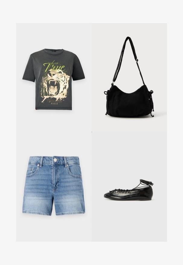 JDY JDYFAROCK ELINA - Camiseta estampada - black; Pantalones cortos de mezclilla azul claro con botón frontal, cierre de cremallera, presillas para cinturón y bolsillos delanteros sobre un fondo blanco liso.; Zapatos planos tipo ballet de charol negro con punta redondeada, diseño con cordones y suela plana. Textura lisa con detalles mínimos.; Bolso de hombro de pana negra con forma curva, correa ajustable y cierres de cordón en ambos lados para ajustar el tamaño.