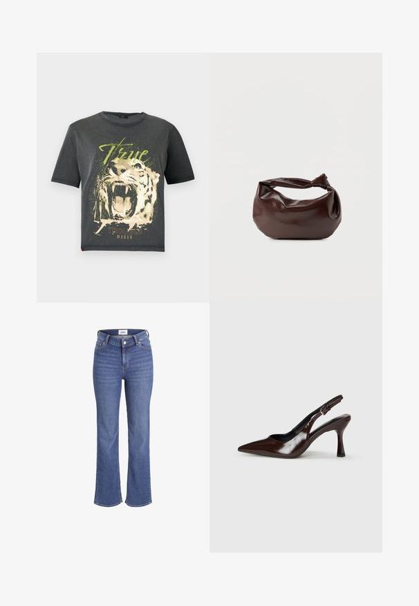 JDY JDYFAROCK ELINA - T-shirt print - black; Donkerblauwe denim jeans met een hoge taille, wijdere pijpen en een traditionele vijf-pocketdesign. Heeft zichtbare stiksels en een knoopsluiting aan de voorkant.; Bruine gepatineerde leren slingback pumps met een spitse neus, een dunne hak en een verstelbaar bandje met een kleine gesp.; Donkerbruine leren schoudertas met een zachte, slungelige vorm en een gedraaide knoopvormige handgreep op een effen witte achtergrond.