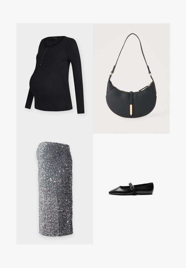 Haut de maternité noir à manches longues côtelé, col rond et détails à boutonner sur le devant, ourlet légèrement arrondi.; Robe à sequins argentés avec une coupe ajustée, texture lisse et un motif dégradé du gris foncé au gris clair, courte à l'ourlet.; Chaussure noire plate en cuir avec un bout pointu, bride réglable avec une boucle en métal, texture lisse et design minimaliste.; Sac à main noir en forme de croissant avec une bandoulière unique, une fermeture éclair dorée et une languette décorative rectangulaire dorée à l'avant.