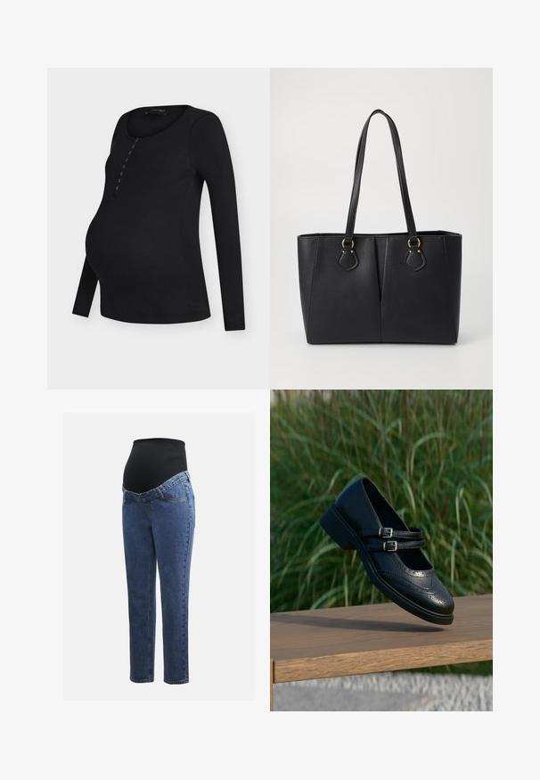 Haut de maternité noir à manches longues côtelé, col rond et détails à boutonner sur le devant, ourlet légèrement arrondi.; Jeans de maternité avec des jambes en denim bleu et un panneau abdominal noir extensible conçu pour soutenir et couvrir un ventre qui s'arrondit.; Chaussure Mary Jane en cuir noir avec doubles brides bouclées et détails brogue, flottant au-dessus d'un banc en bois avec en arrière-plan de l'herbe verte.; Sac fourre-tout noir en simili cuir avec une finition texturée, deux longues poignées et des accents en métal doré sur le côté. Shape rectangulaire.