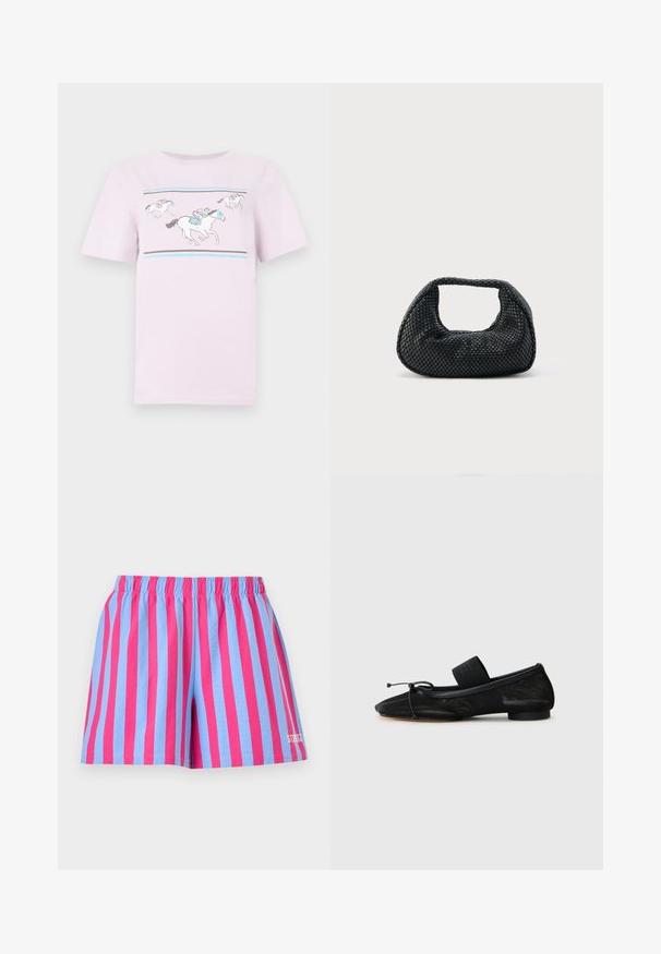 T-shirt en coton rose clair avec un motif graphique de chevaux et cavaliers avec des accents bleus et gris. Manches courtes et col rond.; Shorts à rayures verticales rose vif et bleu clair avec taille élastique et petit logo blanc sur la jambe inférieure droite.; Chaussure plate noire avec un bout pointu, fabriquée en tissu texturé, avec un accent à nœud et un petit talon rond. Sangle élastique au niveau de la cheville.; Sac hobo tissé noir avec une structure souple et une poignée intégrée, présenté sur un fond clair uni.