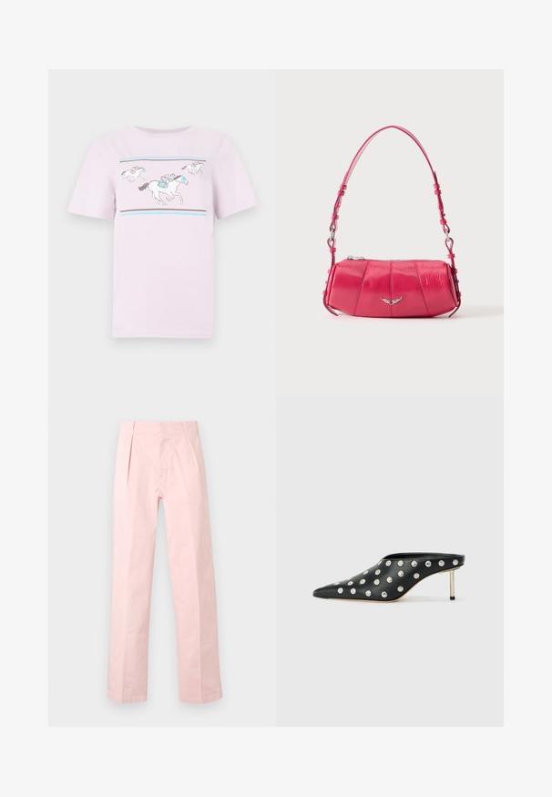 T-shirt en coton rose clair avec un motif graphique de chevaux et cavaliers avec des accents bleus et gris. Manches courtes et col rond.; Pantalon rose clair à jambes droites avec plis devant et taille haute, présenté sur un fond blanc uni.; STAND STUDIO KELSEY - Mules à talons - black; Petit sac à bandoulière en cuir rose brillant avec emblème d’aile argenté et bandoulière réglable, fermeture éclair sur le dessus, présenté sur fond blanc.