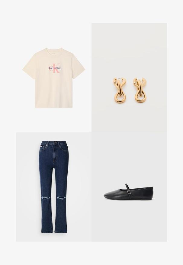 Μπεζ T-shirt με κοντά μανίκια, με ροζ λογότυπο "cK" και κείμενο "Calvin Klein" σε σκούρο μπλε τυπωμένα στο στήθος.; Σκούρο μπλε τζιν με ψηλή μέση, διαθέτει δύο σκισίματα στα γόνατα με φθορές, σχεδιασμό με ίσια μπατζάκια και διακριτικές λεπτομέρειες ραφής.; Μαύρες δερμάτινες μπαλαρίνες με μυτερή μύτη, επίπεδο πάτο και μικρή λωρίδα με λεπτομέρεια ασημένιας αγκράφας.; Ζευγάρι λαμπερών σκουλαρικιών σε χρυσό τόνο με βρόχο, σε απλό λευκό φόντο, με σχέδιο πλεγμένων σπειρωτών.