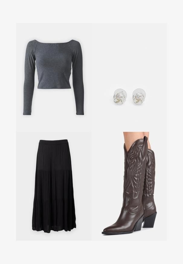 Grijze, langmouwige, cropped top van zachte stof met een vierkante halslijn en een aansluitende pasvorm. Geen zichtbare patronen of versieringen.; Zwarte maxi rok met lagen en een elastische tailleband en een licht gekreukelde stofstructuur, hangend tegen een witte achtergrond.; Donkerbruine leren cowboylaarzen tot over de knie met puntige neuzen, decoratieve stiksels en schuine blokhakken gedragen door een persoon.; Zilverkleurige studoorbellen met een gedraaide knoopontwerp, afgewerkt met een glanzende afwerking en transparante achterkant.